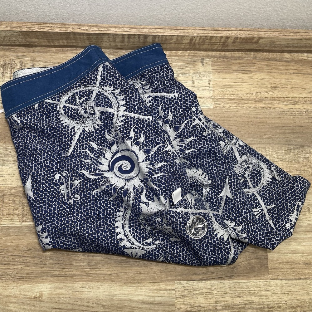 Rusty Vintage Mens Board Shorts Blue Dragon Celestial Print Swim Trunks Size 36